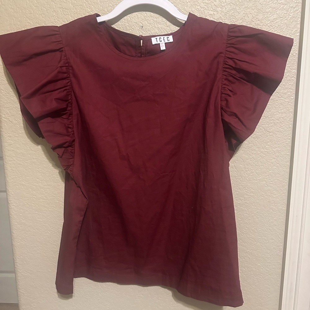 TCEC Burgundy Ruffle Sleeve Blouse